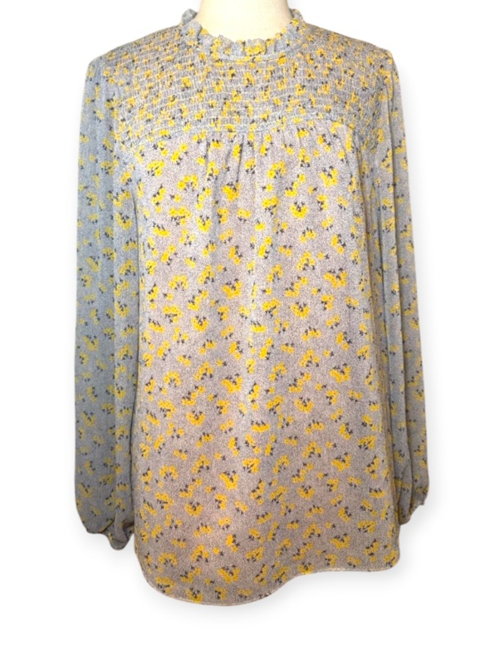 Boden Floral Smocked Ruffle Neck Long Sleeve Blouse Blue Yellow Size 12